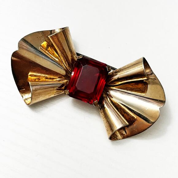 Vintage Sterling & Ruby Colored Glass Bow Brooch - Picture 1 of 8
